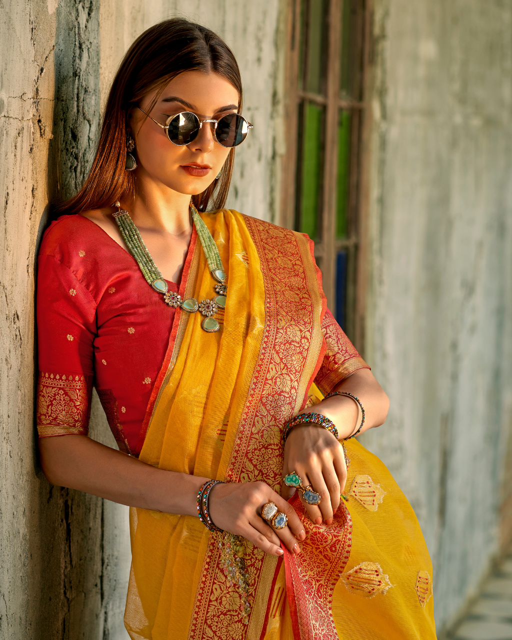 Yellow soft tissue silk with zari weaving