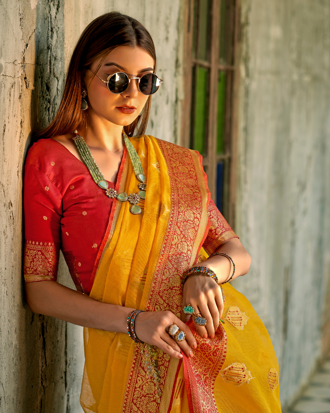 Yellow soft tissue silk with zari weaving