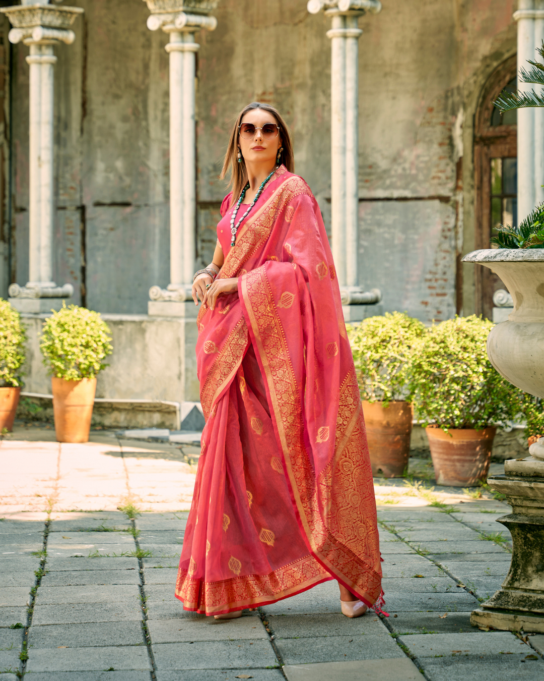 Onion Pink soft tissue silk with zari weaving