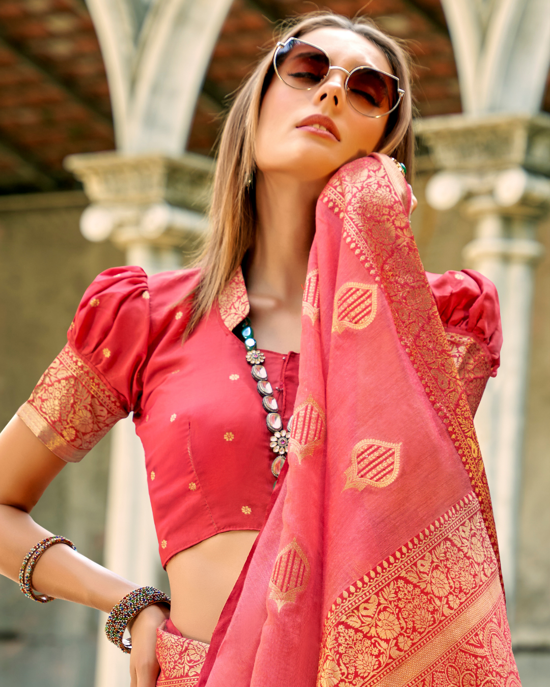 Onion Pink soft tissue silk with zari weaving