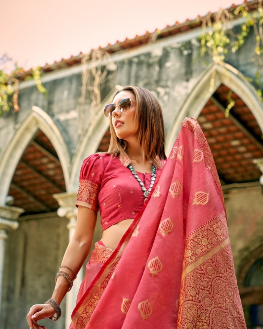 Onion Pink soft tissue silk with zari weaving