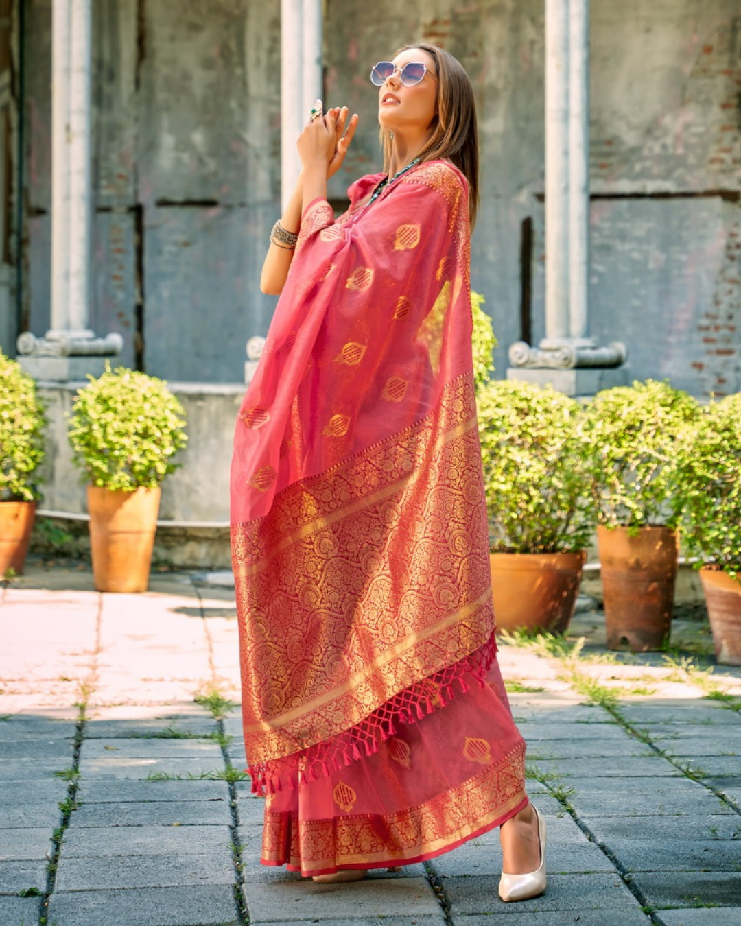 Onion Pink soft tissue silk with zari weaving
