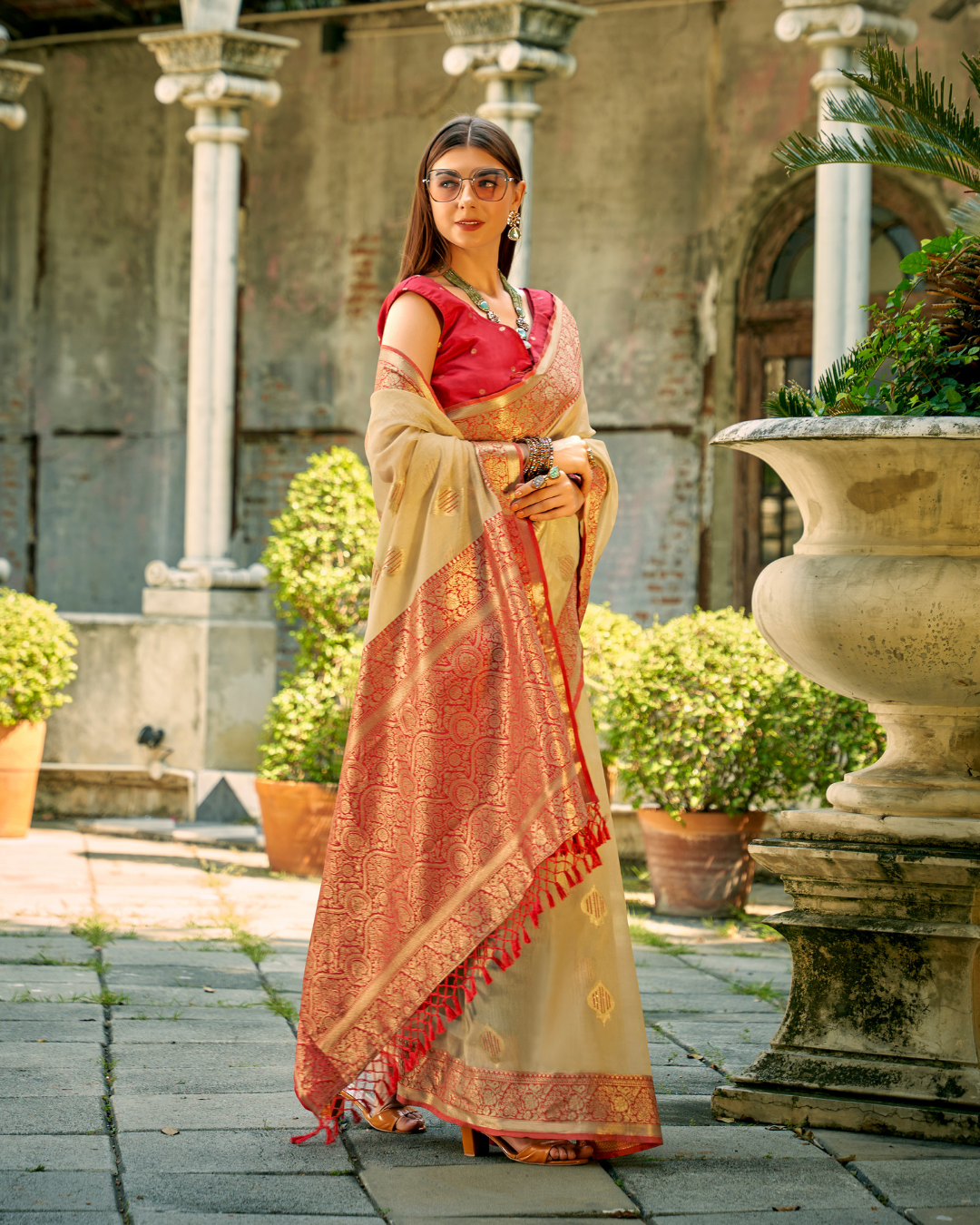 Gold soft tissue silk with zari weaving