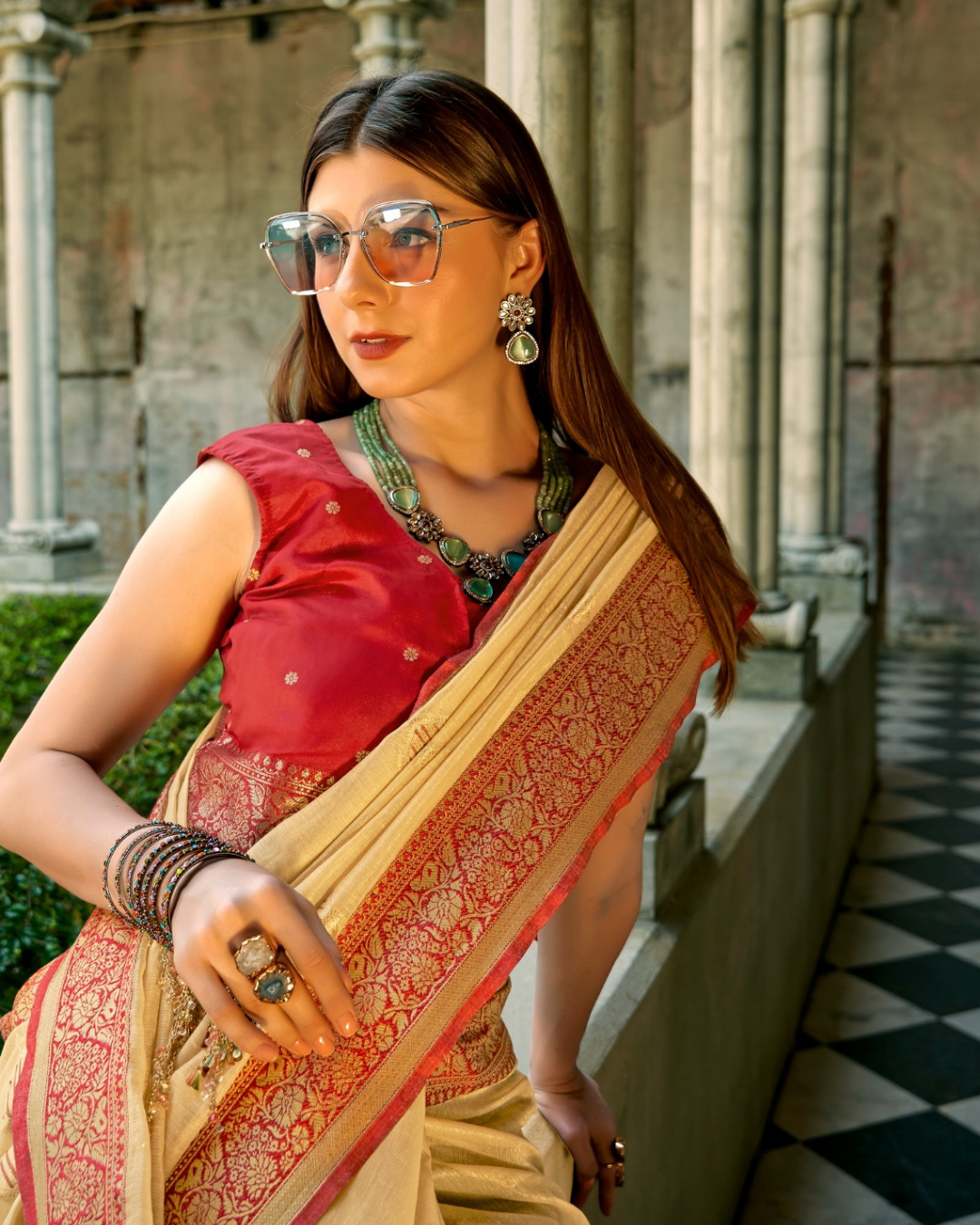 Gold soft tissue silk with zari weaving