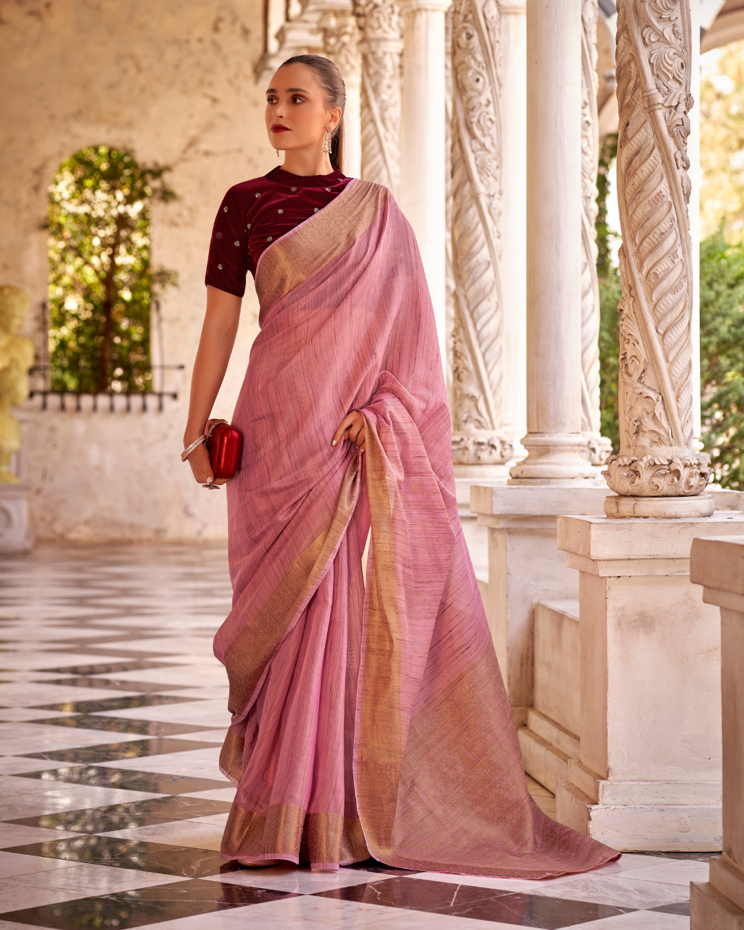 Pink Linen tissue saree