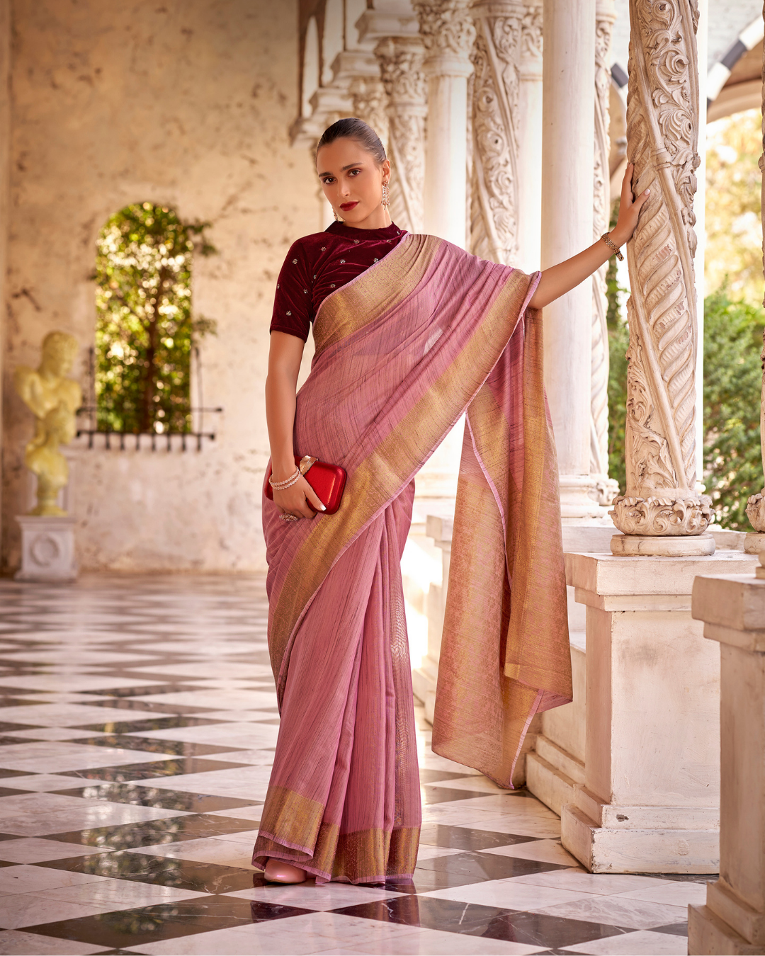 Pink Linen tissue saree