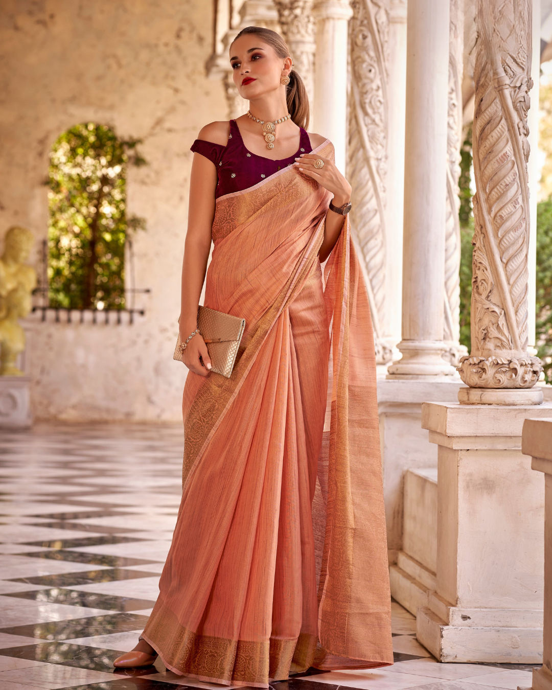 Peach Linen Tissue Saree with Zari Weaving