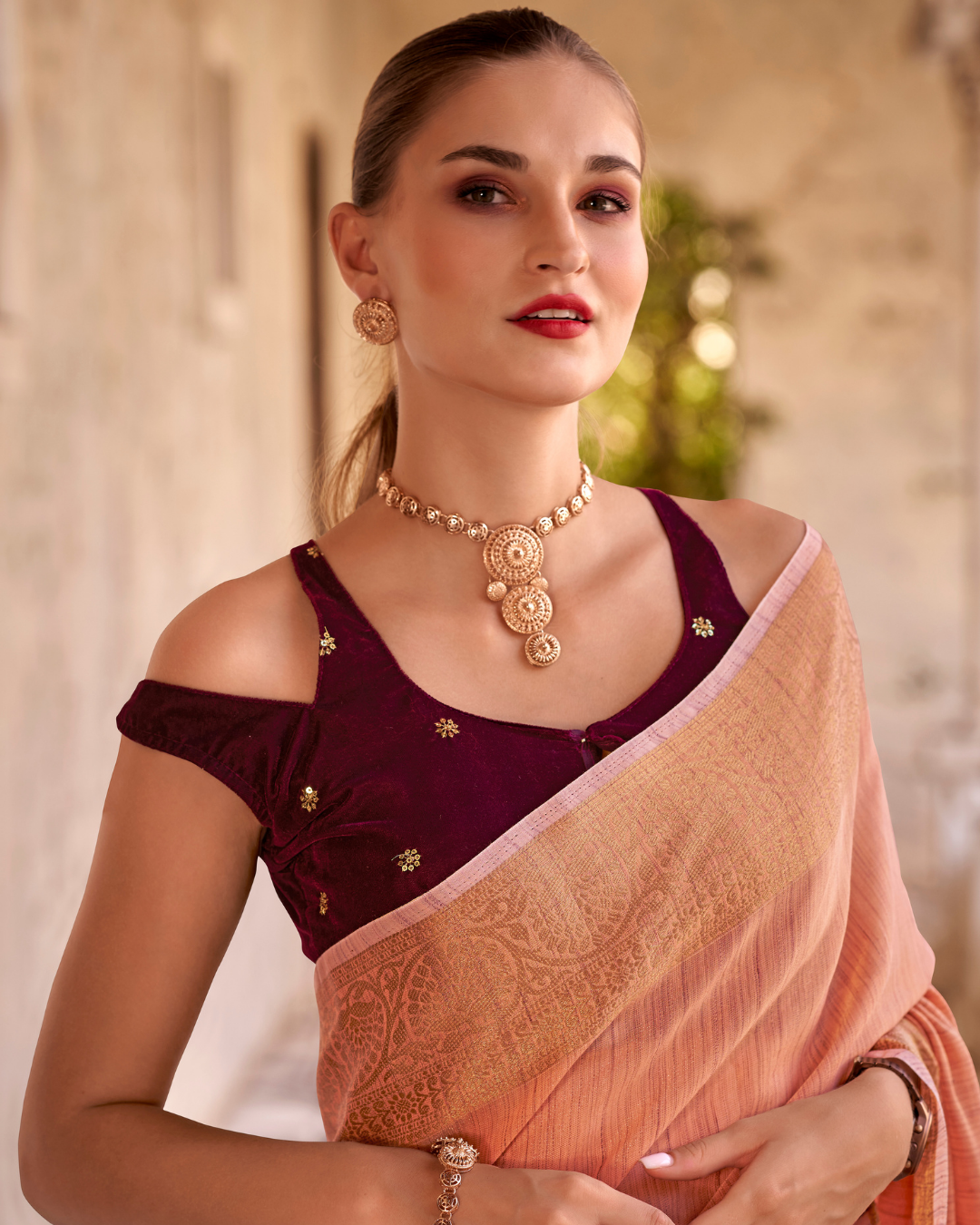 Peach Linen Tissue Saree with Zari Weaving