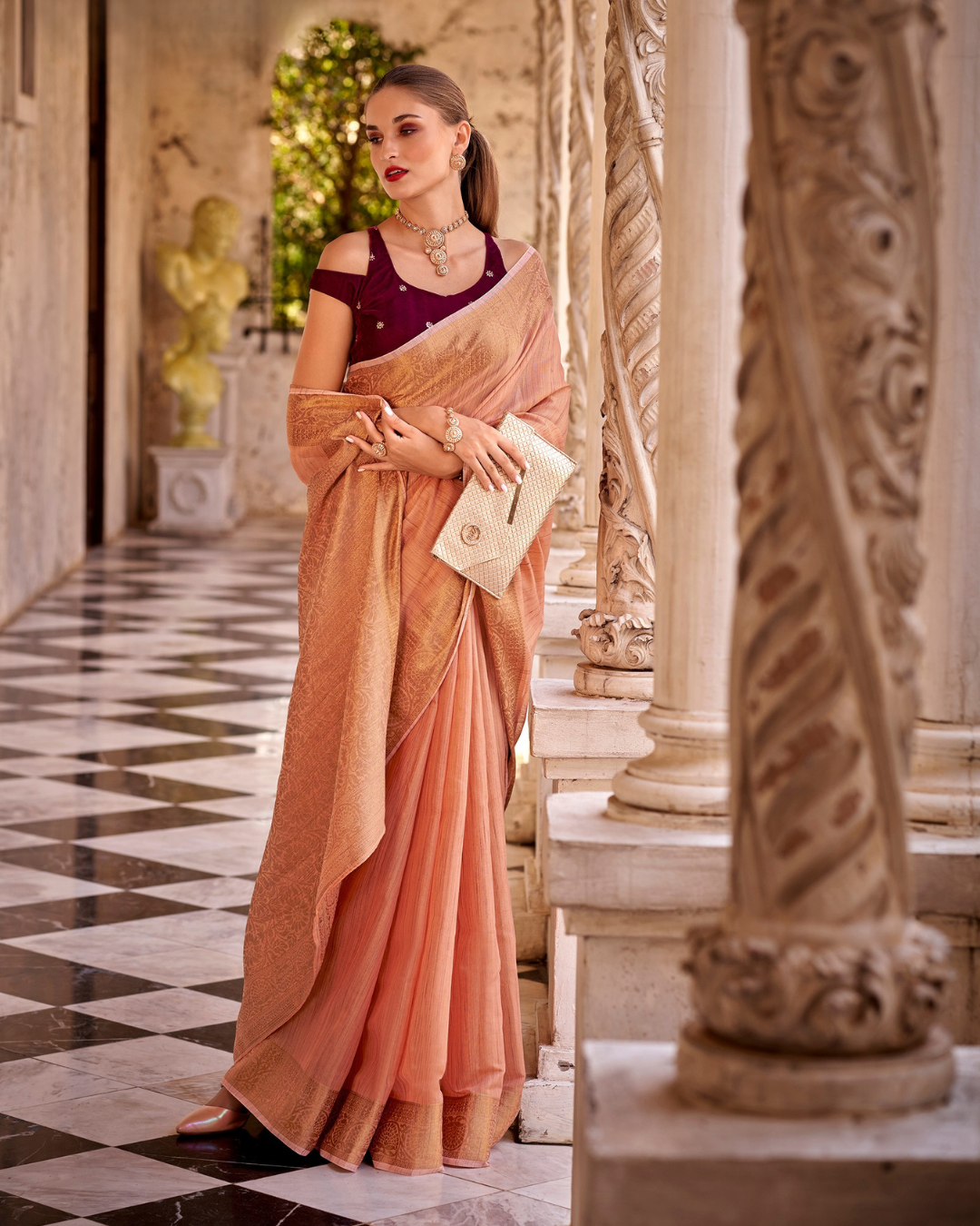 Peach Linen Tissue Saree with Zari Weaving