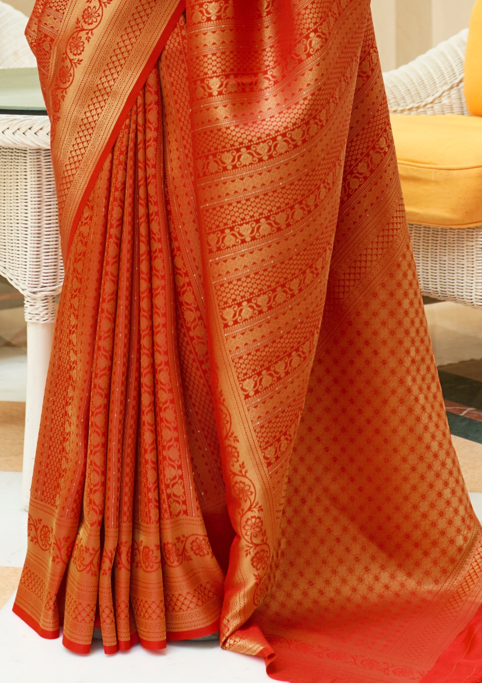 Kanjivaram Orange Sequins Handloom Weaving Saree