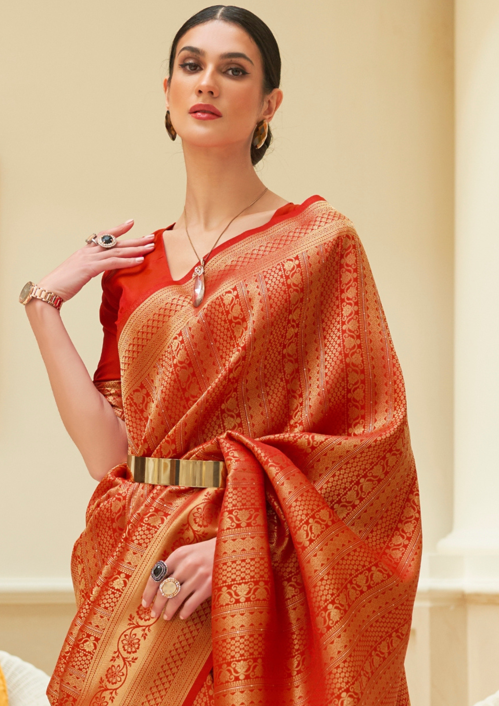 Kanjivaram Orange Sequins Handloom Weaving Saree
