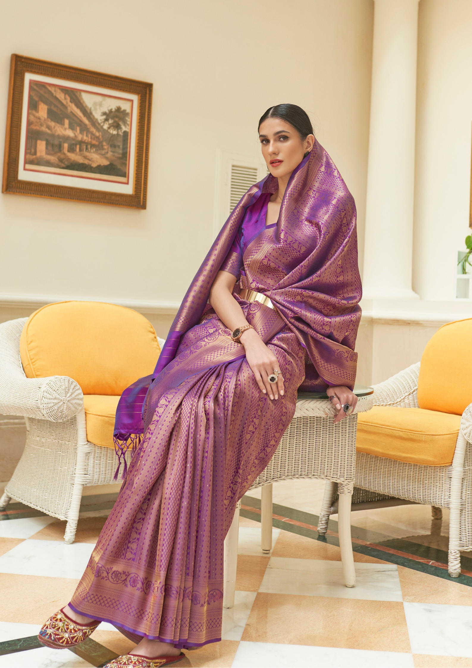 Kanjivaram Purple Sequins Handloom Weaving Saree
