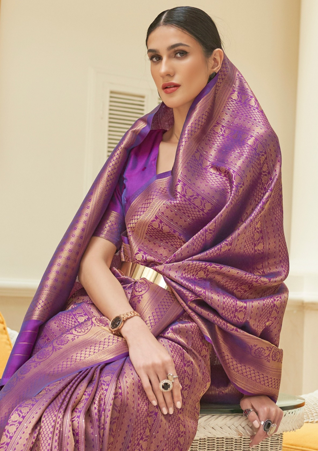 Kanjivaram Purple Sequins Handloom Weaving Saree