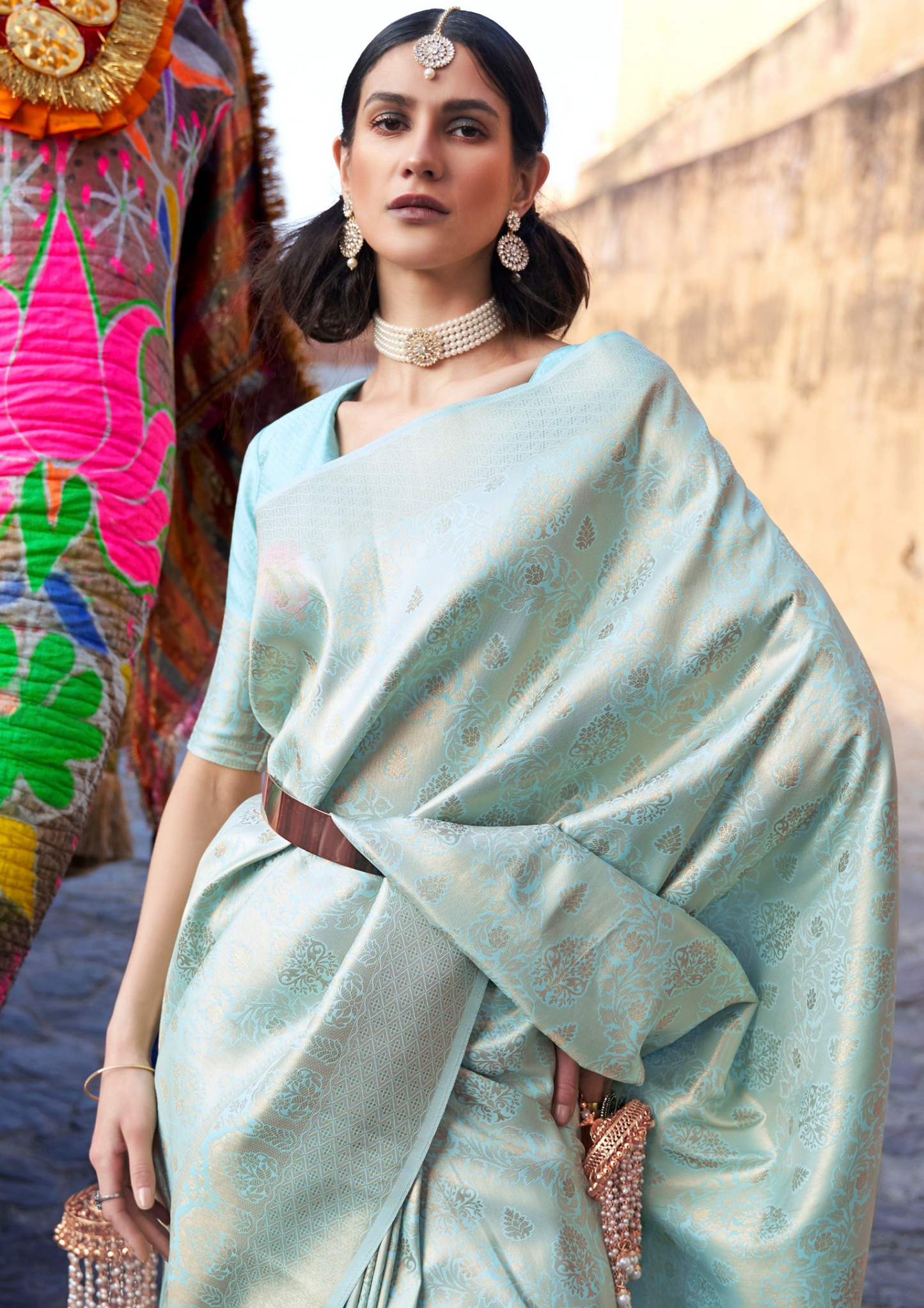 Kanjivaram PASTEL BLUE  HANDLOOM WEAVING SILK SAREES