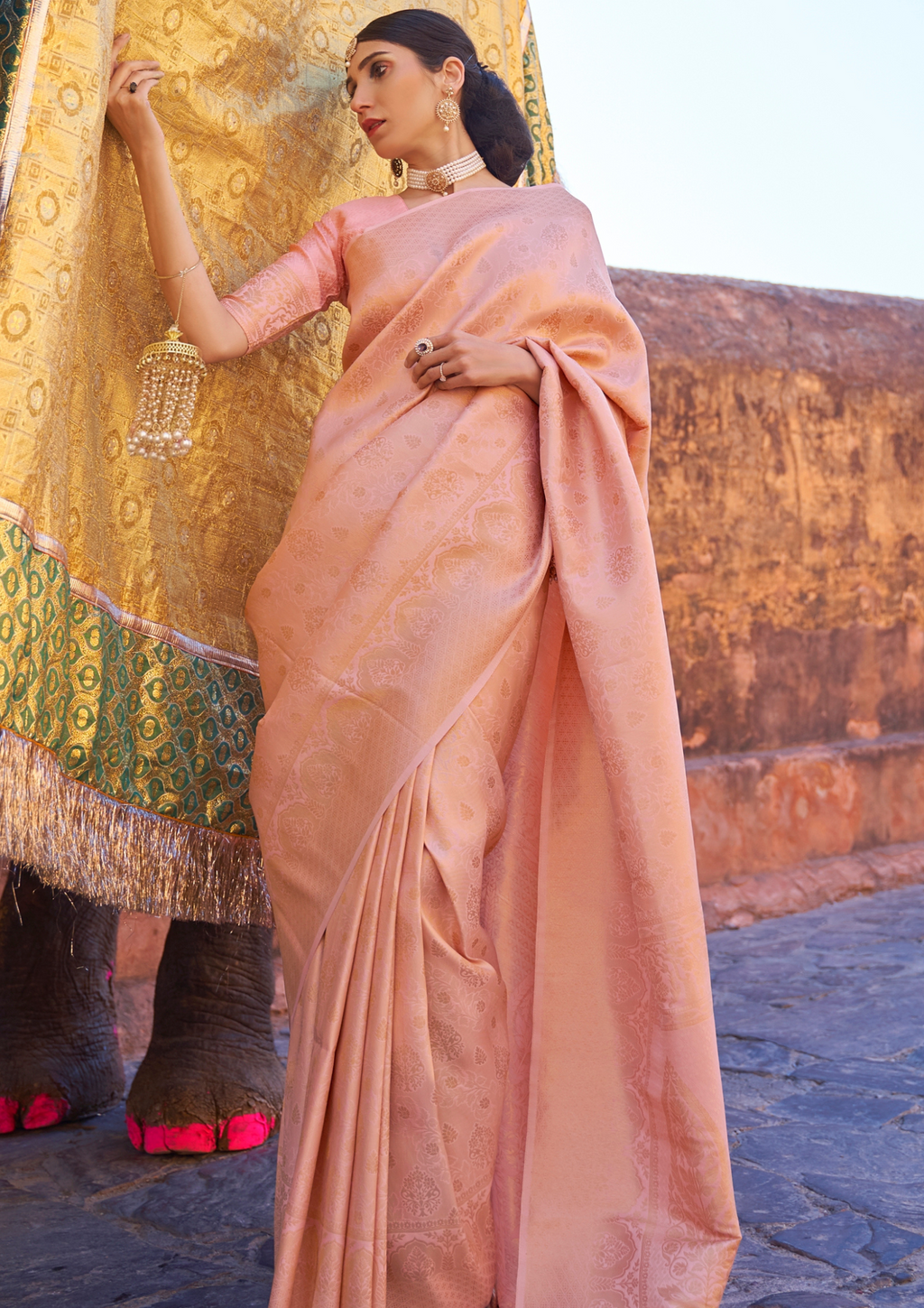 Kanjivaram PEACH PINK HANDLOOM WEAVING SILK SAREES