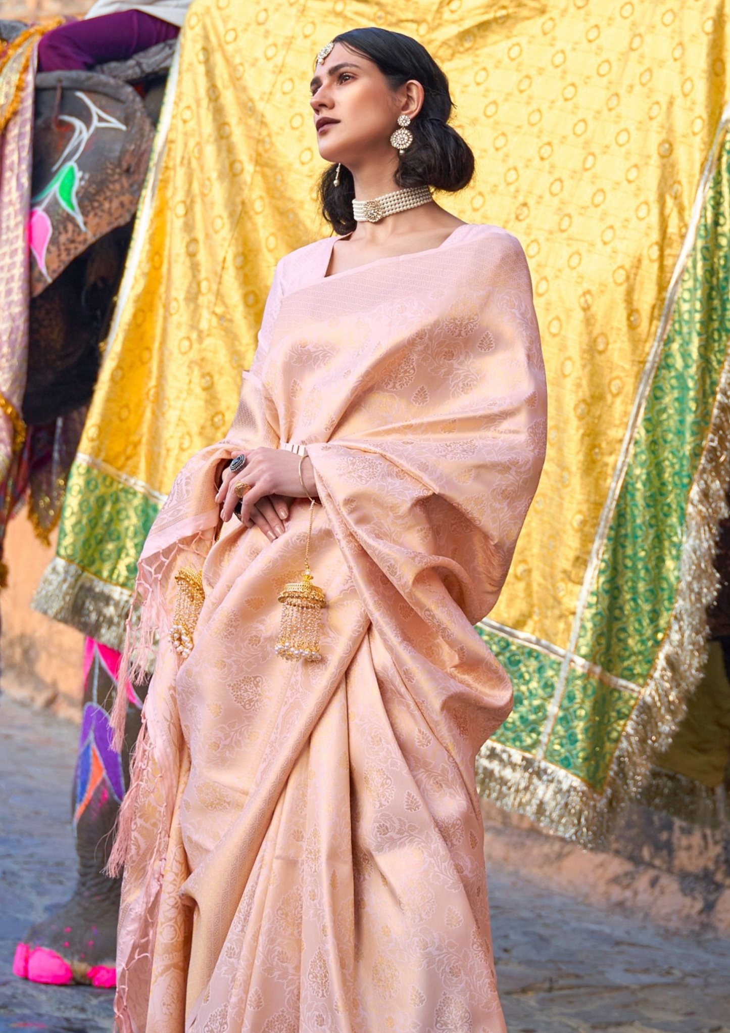 Kanjivaram PEACH GOLD HANDLOOM WEAVING SILK SAREES