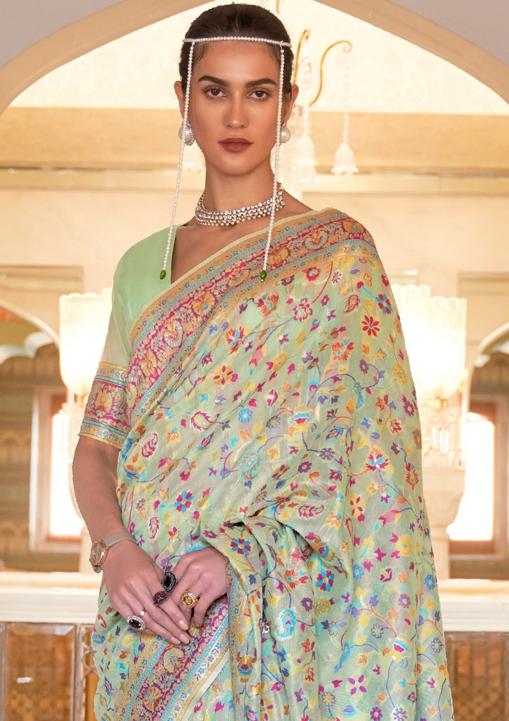 MINT GREEN KASHMIRI MODAL HANDLOOM WEAVING SILK SAREES