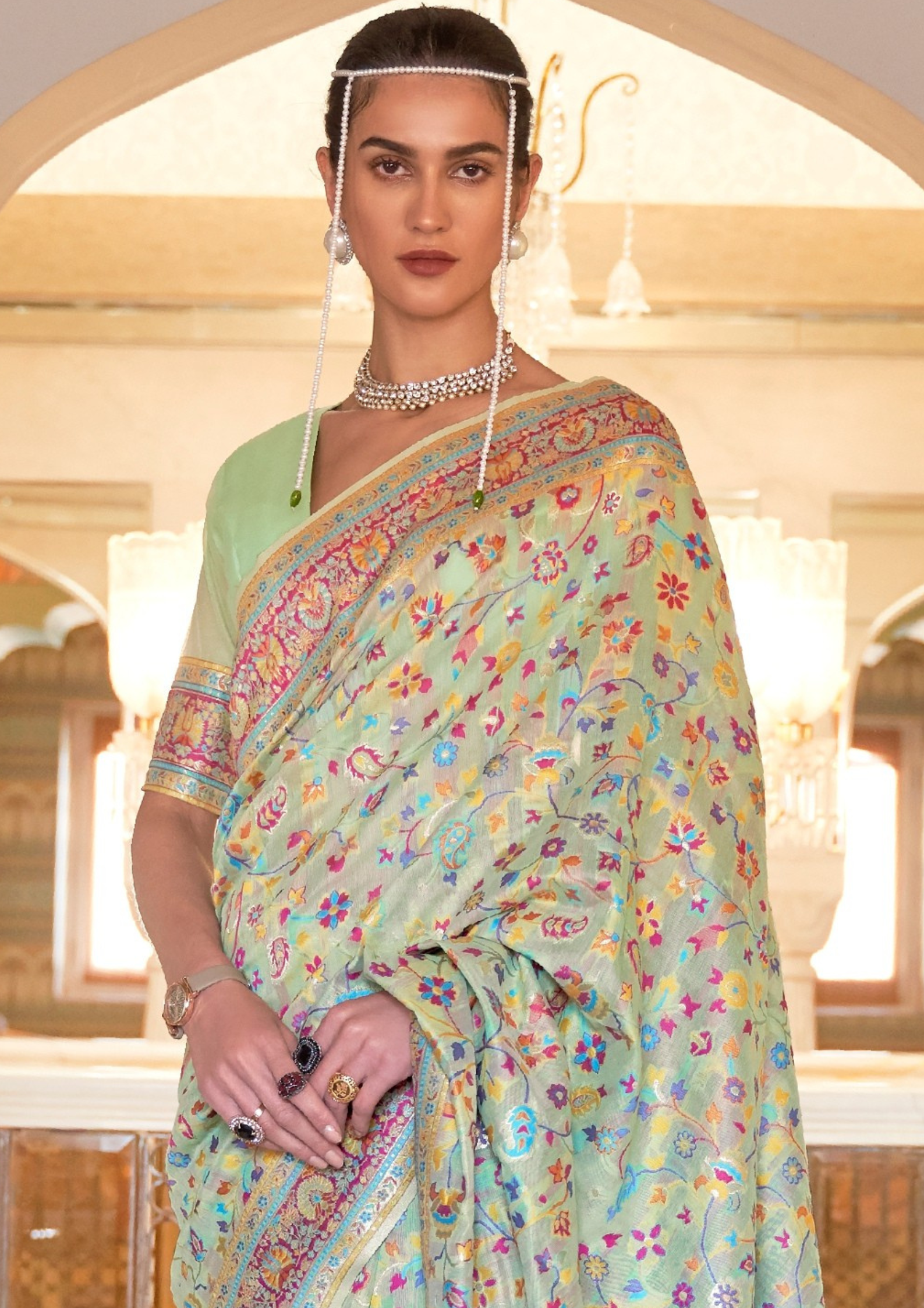 MINT GREEN KASHMIRI MODAL HANDLOOM WEAVING SILK SAREES