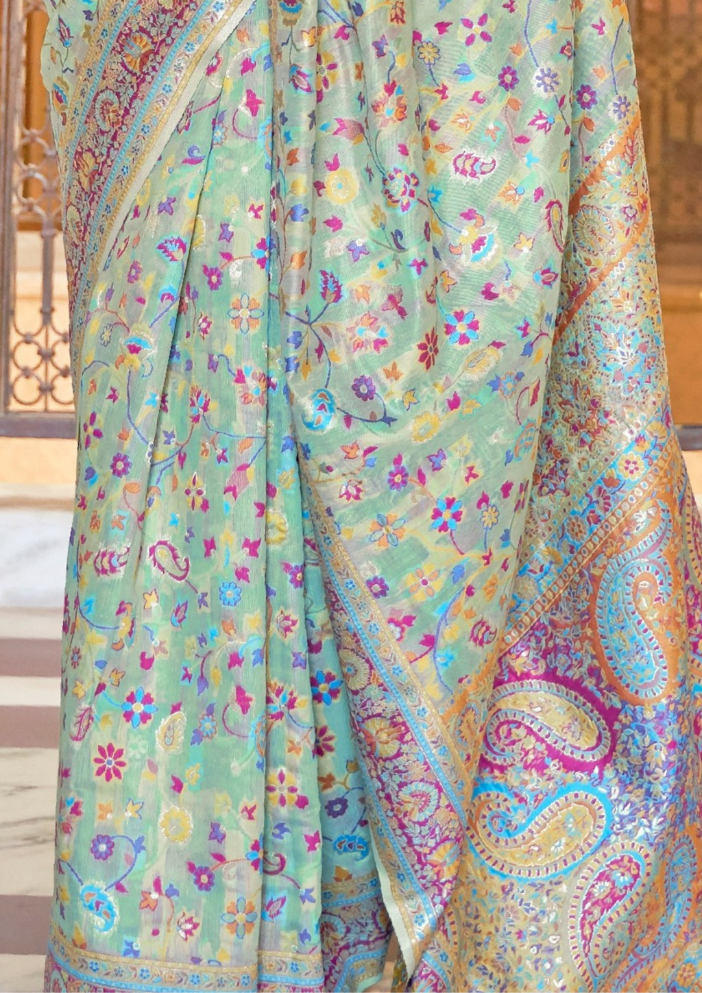 MINT GREEN KASHMIRI MODAL HANDLOOM WEAVING SILK SAREES