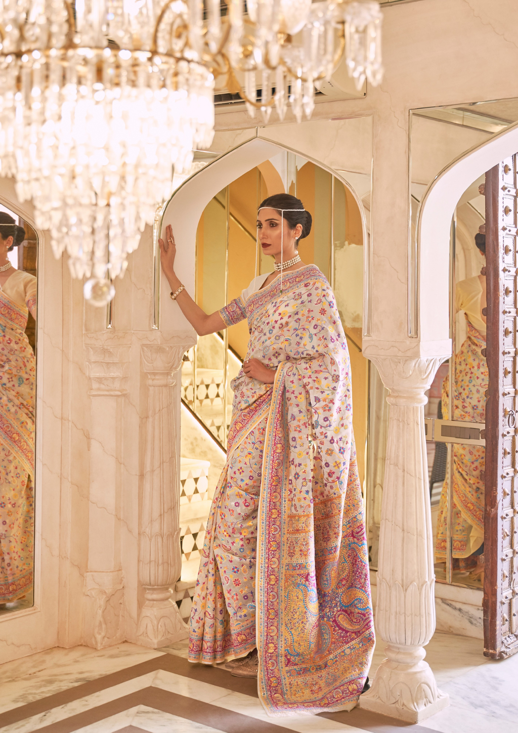 PINK BEIGE KASHMIRI MODAL HANDLOOM WEAVING SILK SAREES