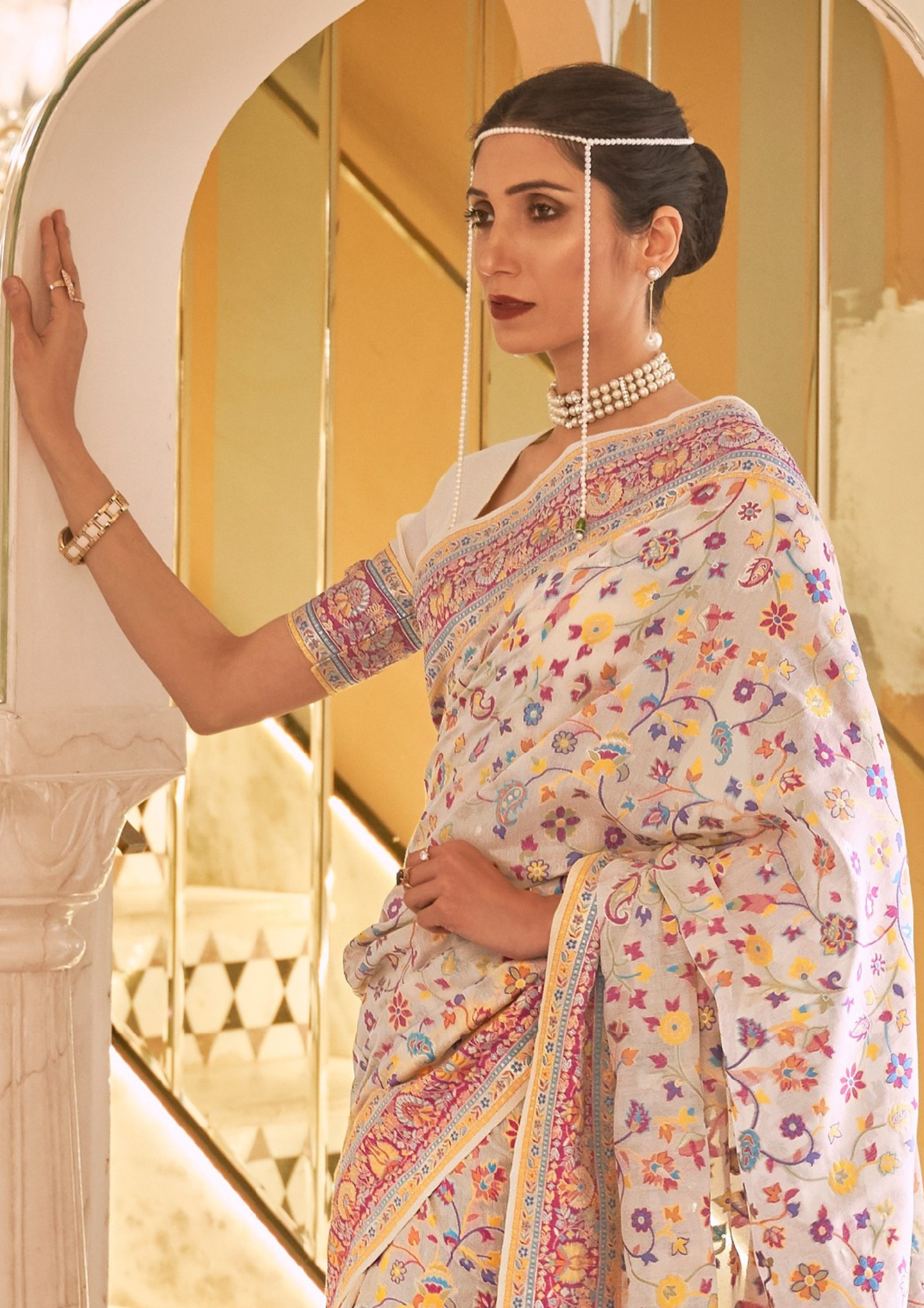 PINK BEIGE KASHMIRI MODAL HANDLOOM WEAVING SILK SAREES