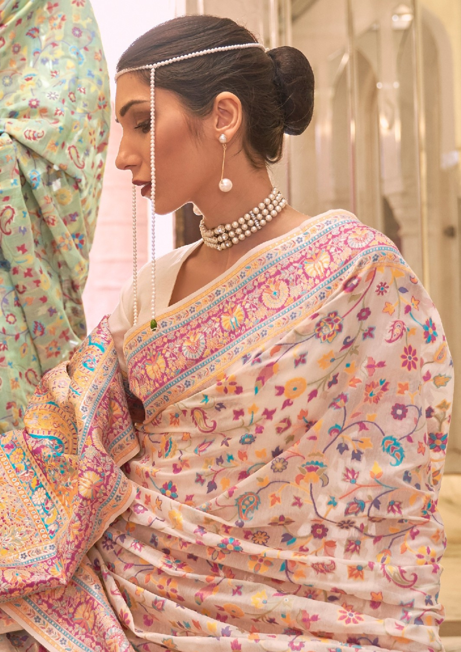 PINK BEIGE KASHMIRI MODAL HANDLOOM WEAVING SILK SAREES