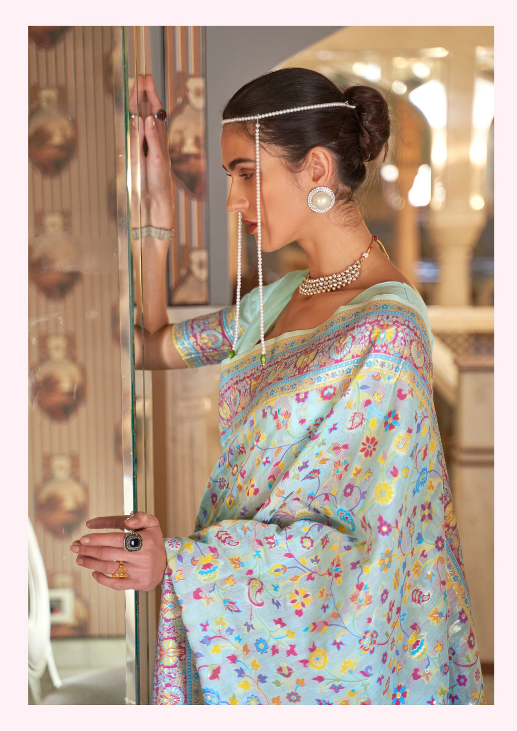 TURQUOISE BLUE KASHMIRI MODAL HANDLOOM WEAVING SILK SAREES