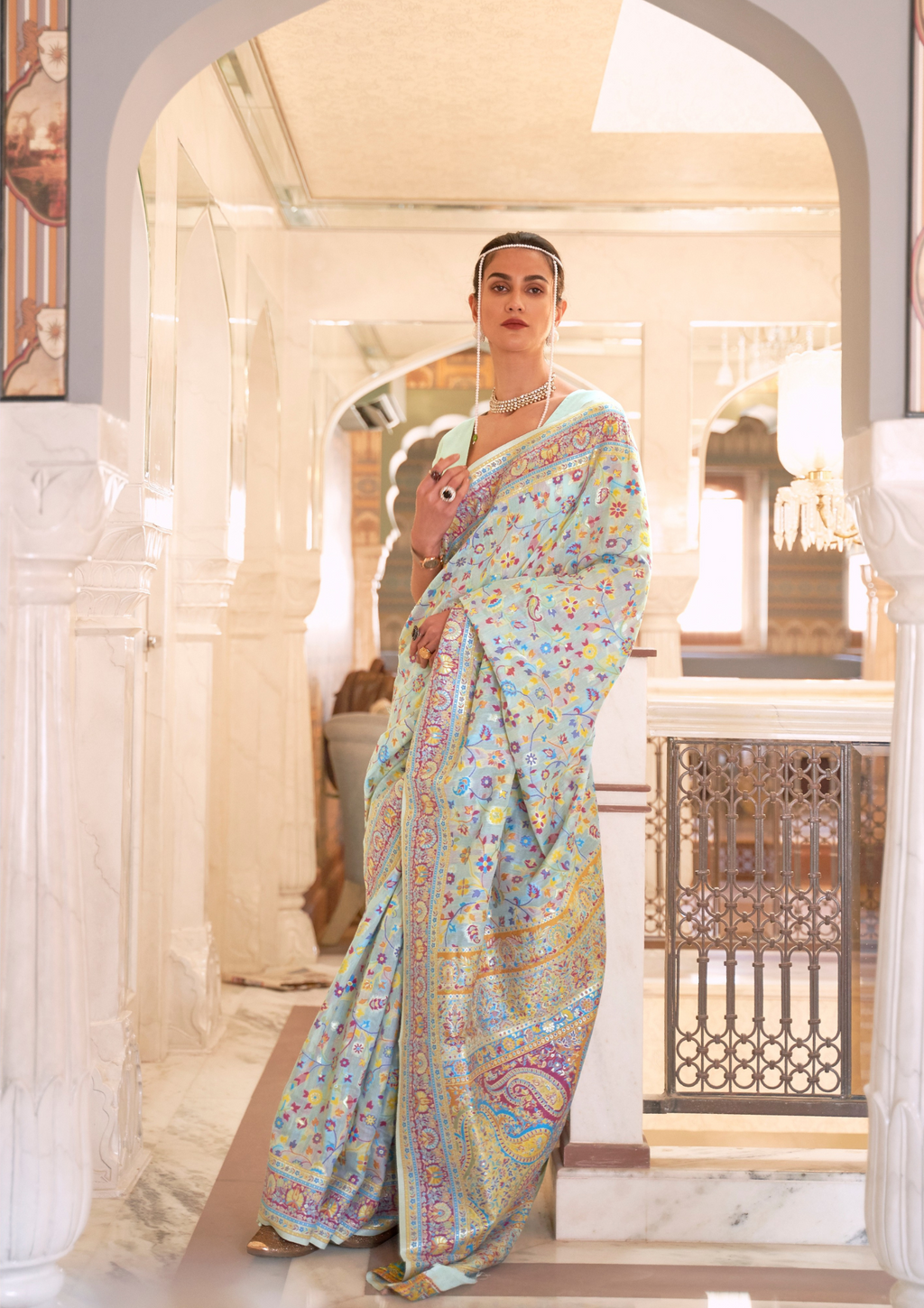 TURQUOISE BLUE KASHMIRI MODAL HANDLOOM WEAVING SILK SAREES