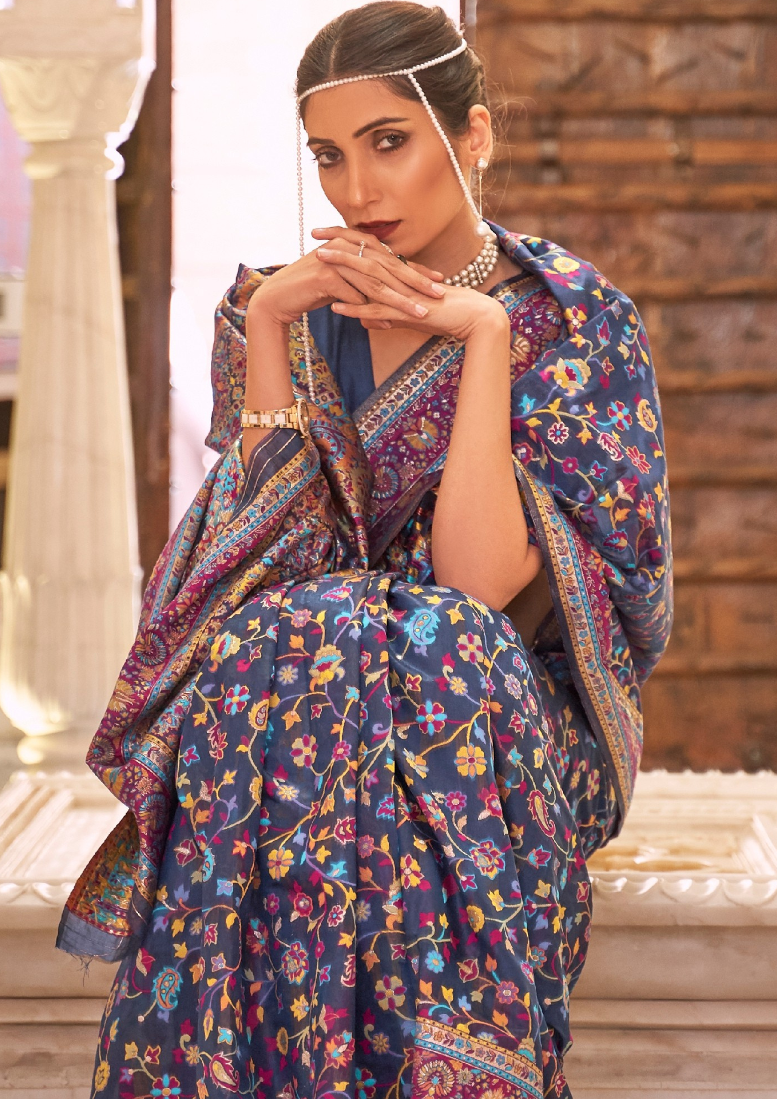 MIDNIGHT BLUE PASHMINA MODALSILK  HANDLOOM WEAVING SILK SAREES