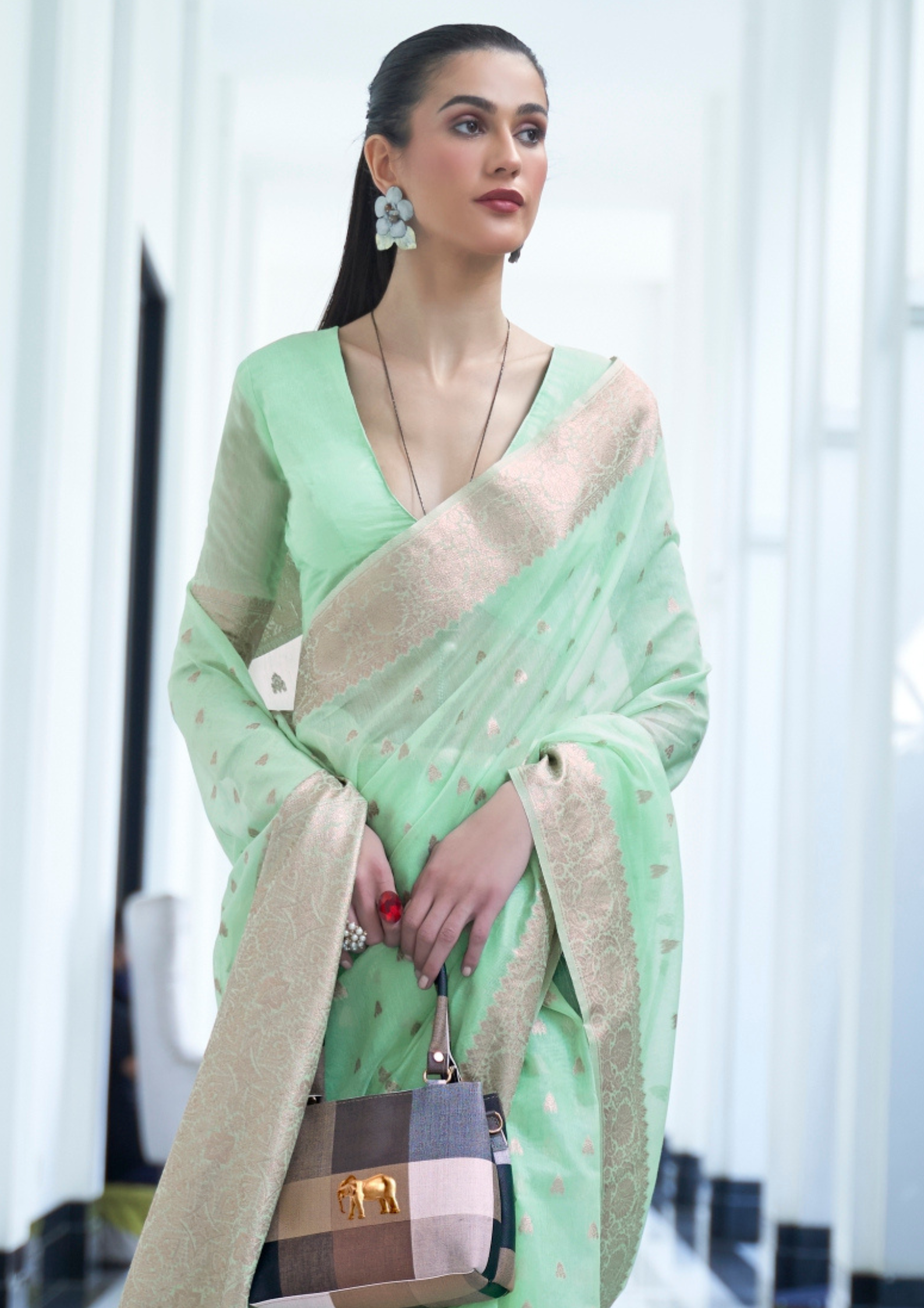 Kanjivaram PASTEL PISTACHIO MODAL MUKAISH HANDLOOM