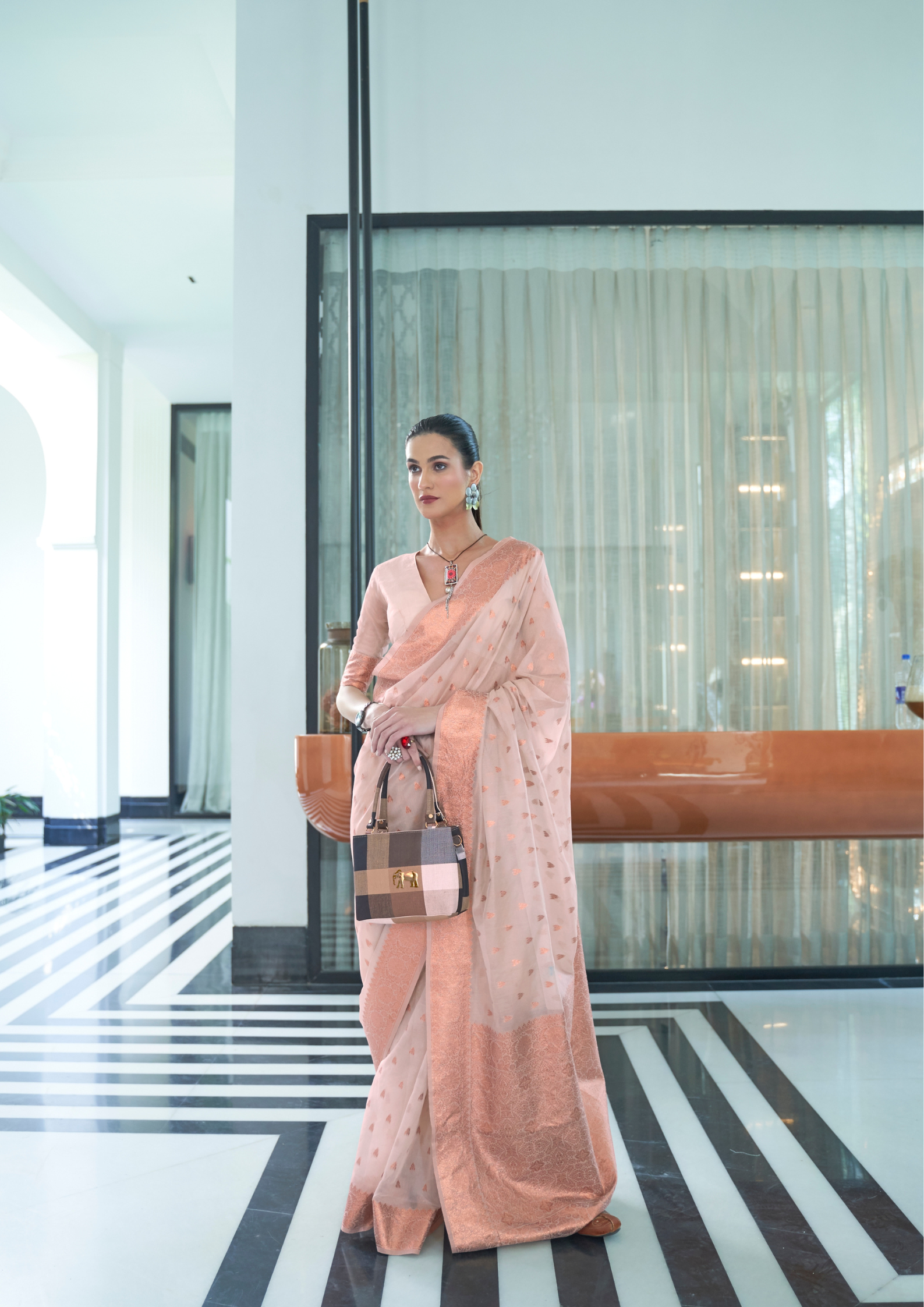 Kanjivaram PASTEL PEACH BEIGE MODAL MUKAISH HANDLOOM