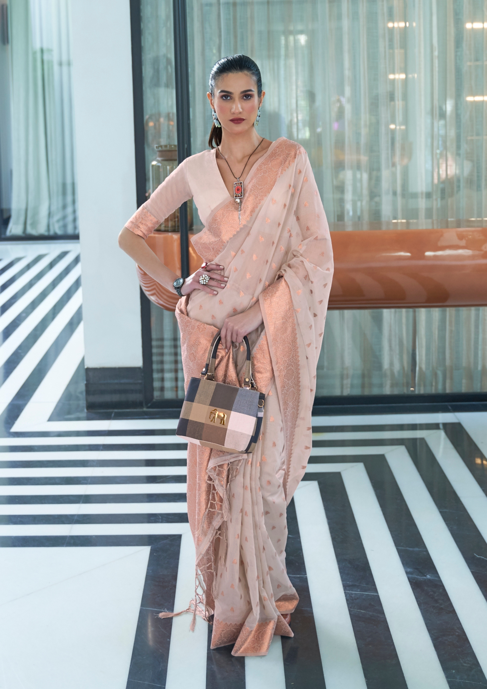 Kanjivaram PASTEL PEACH BEIGE MODAL MUKAISH HANDLOOM