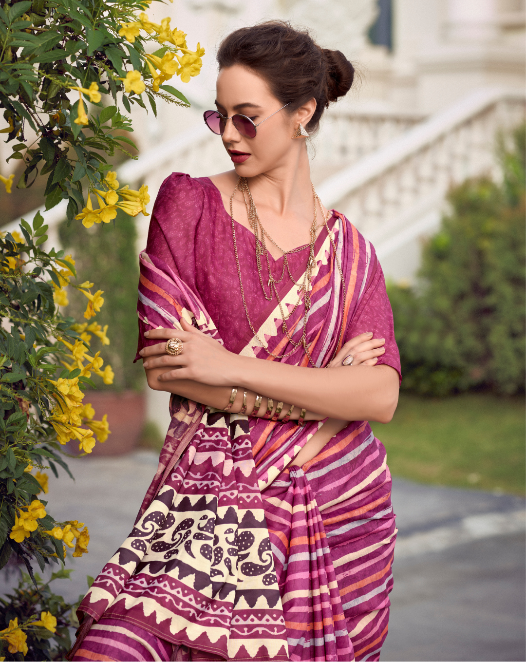 Pink  Mal Mal Cotton  print saree
