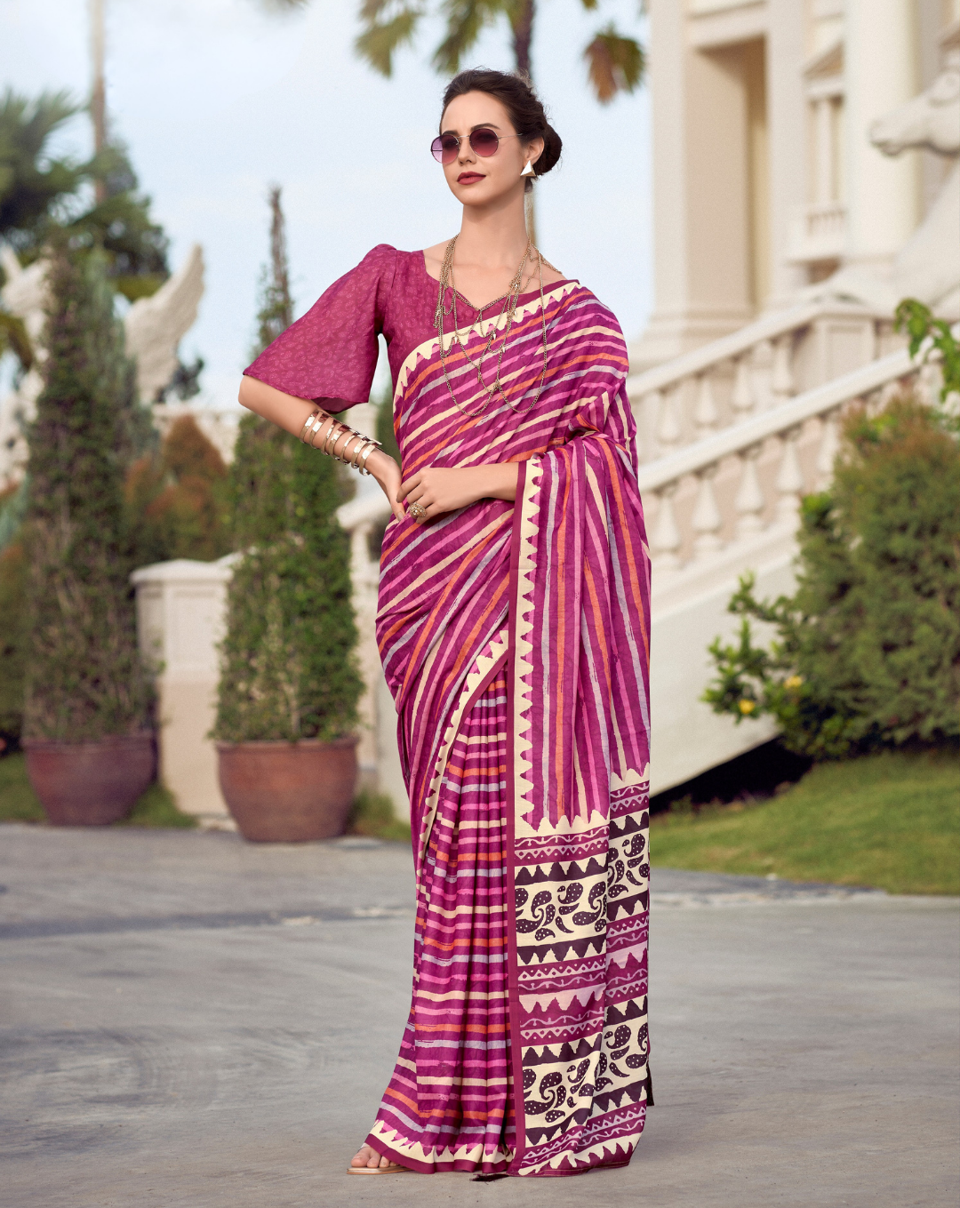 Pink  Mal Mal Cotton  print saree