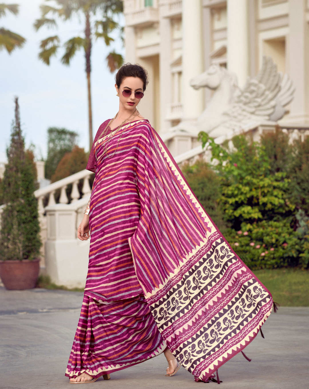 Pink  Mal Mal Cotton  print saree