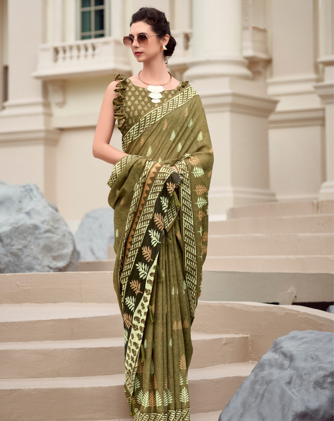 Olive green Mal Mal Cotton  print saree