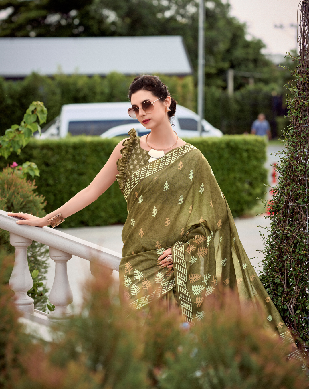 Olive green Mal Mal Cotton  print saree