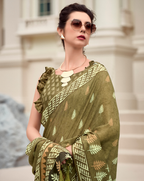 Olive green Mal Mal Cotton  print saree