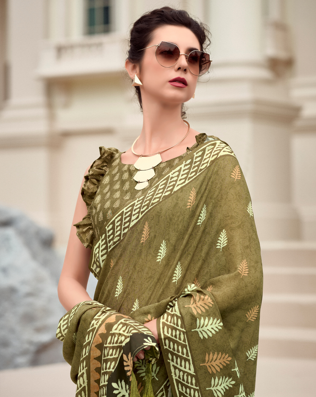 Olive green Mal Mal Cotton  print saree