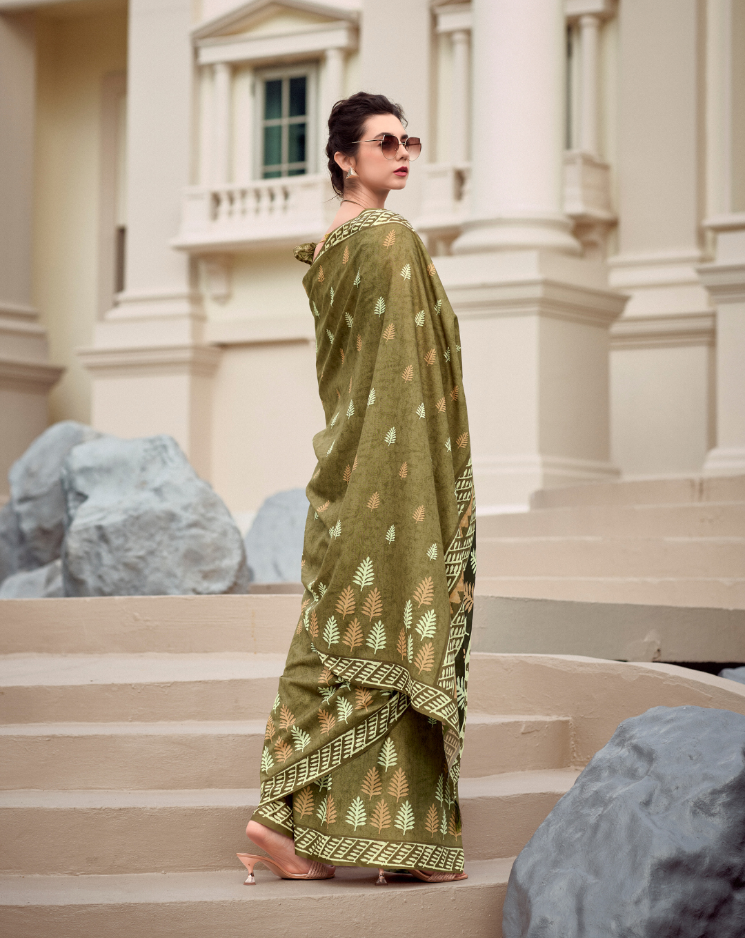 Olive green Mal Mal Cotton  print saree