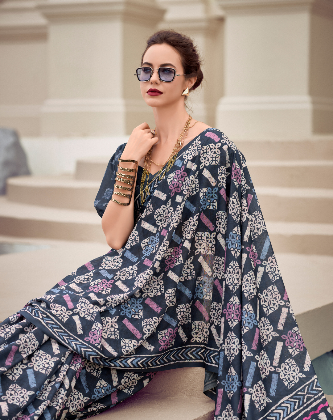 Blue Mal Mal Cotton  print saree