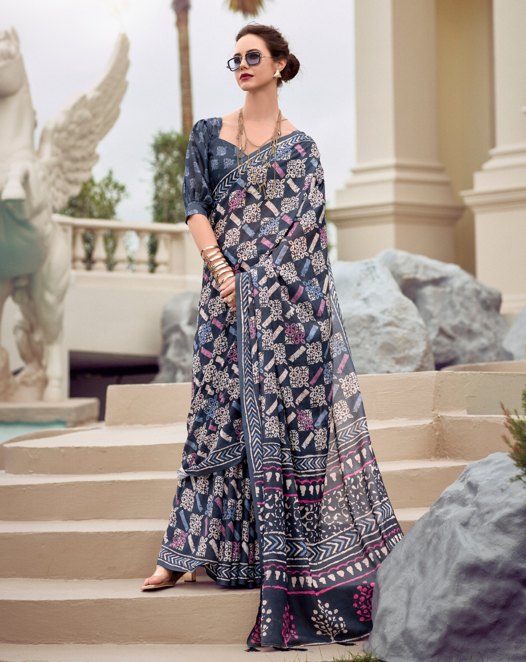 Blue Mal Mal Cotton  print saree