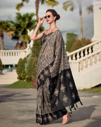 Black and Beige Mal Mal Cotton print saree