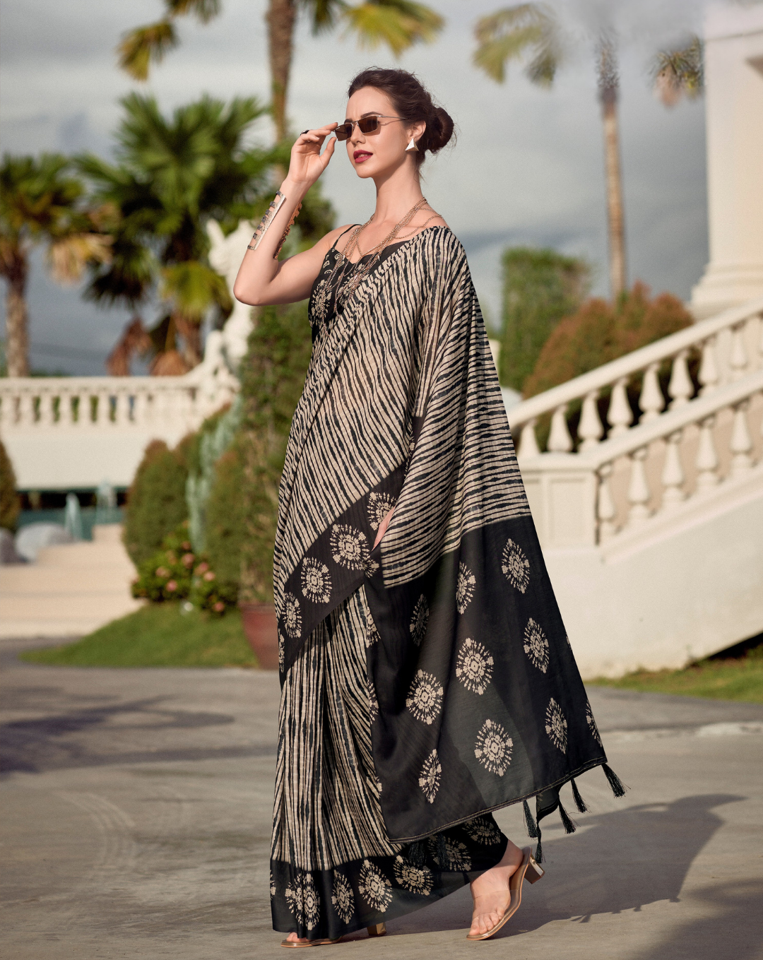 Black and Beige Mal Mal Cotton print saree