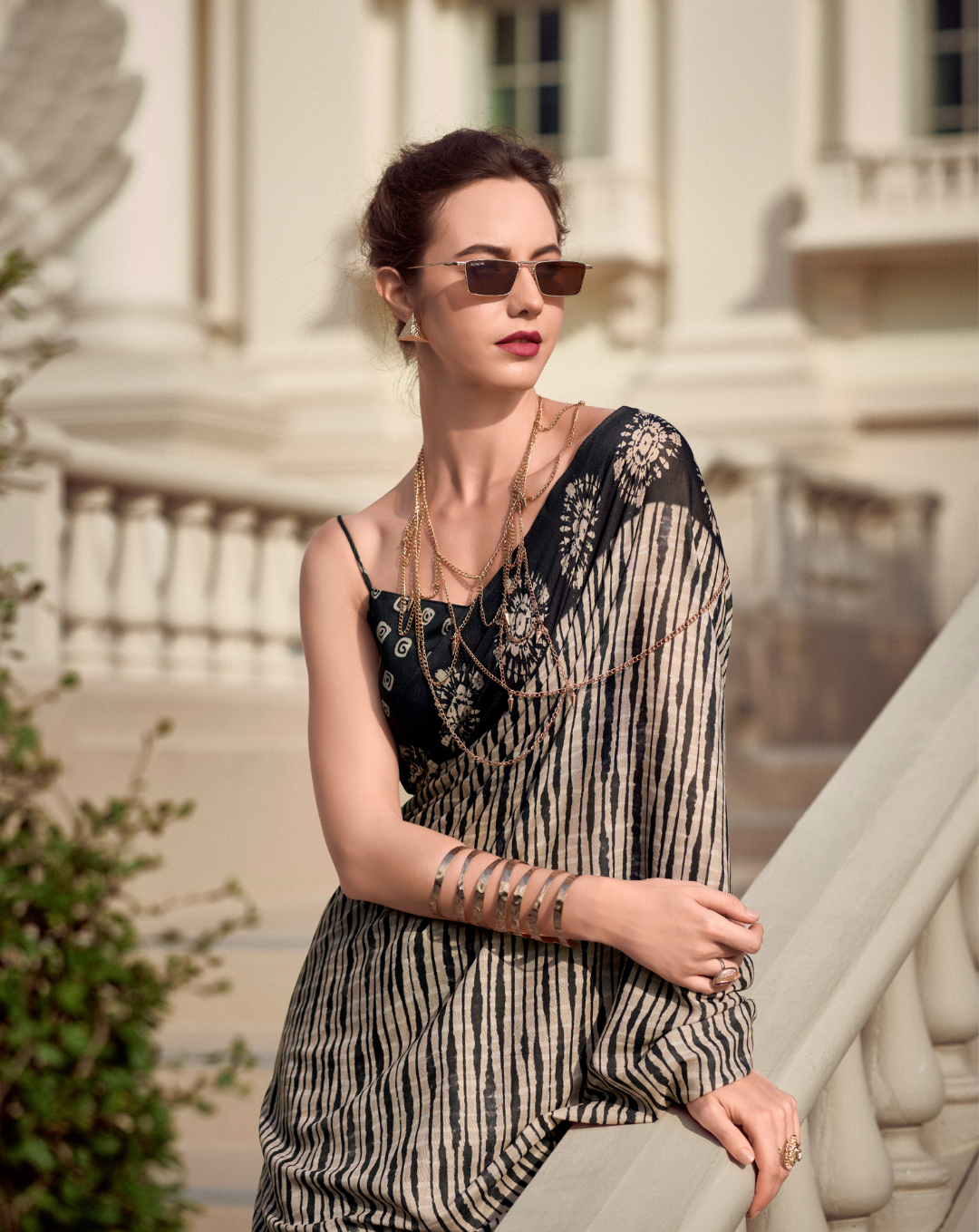 Black and Beige Mal Mal Cotton print saree