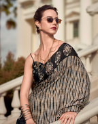 Black and Beige Mal Mal Cotton print saree
