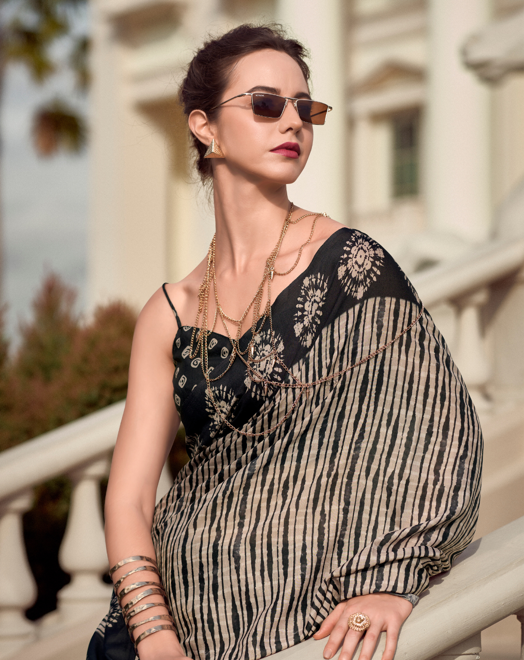Black and Beige Mal Mal Cotton print saree