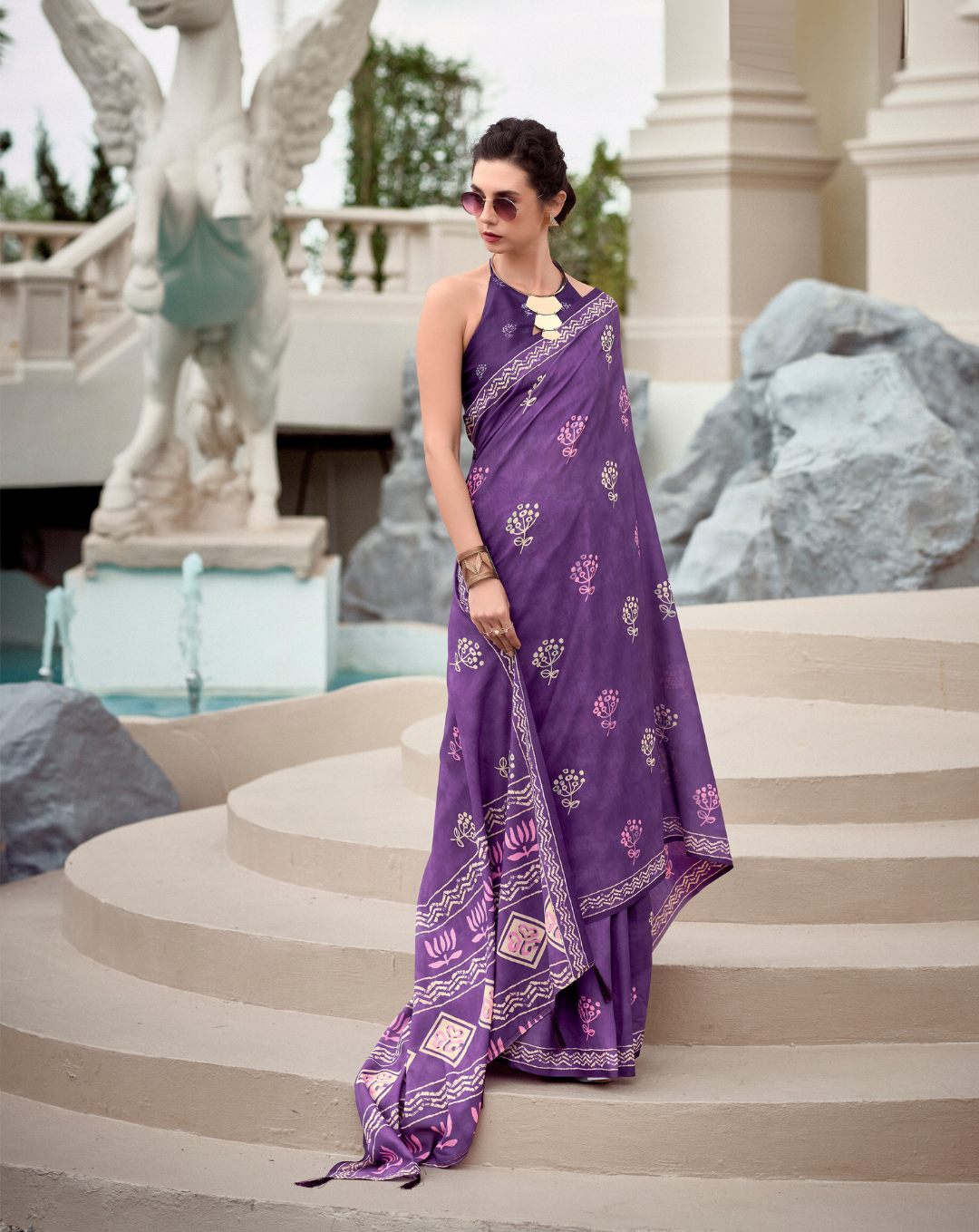 Purple Mal Mal Cotton print saree