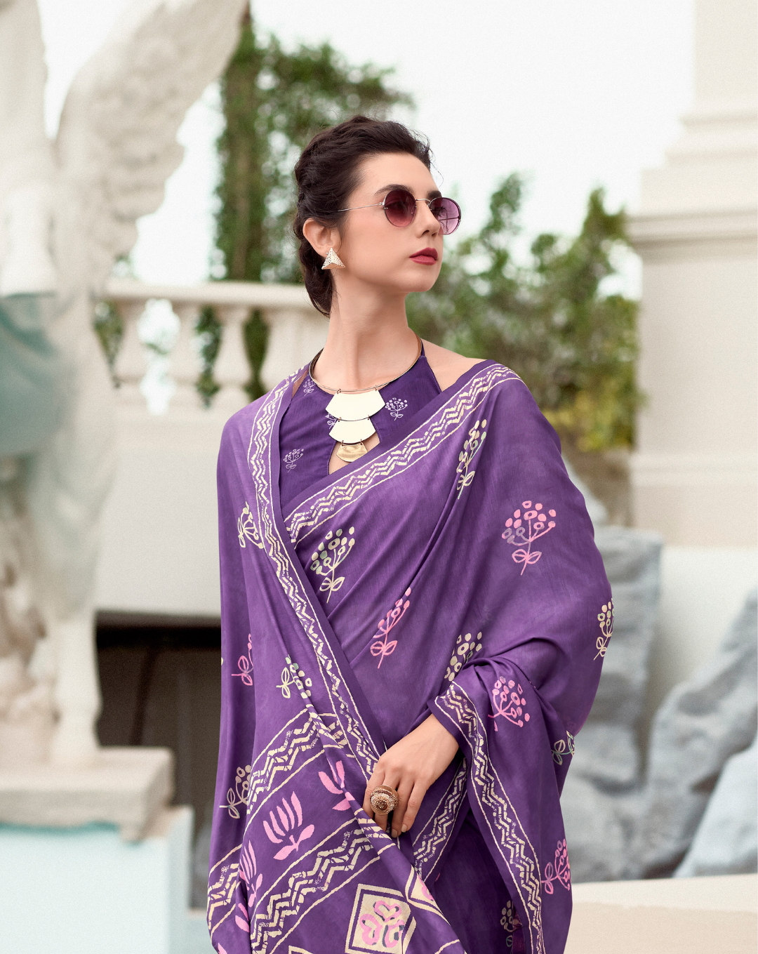 Purple Mal Mal Cotton print saree