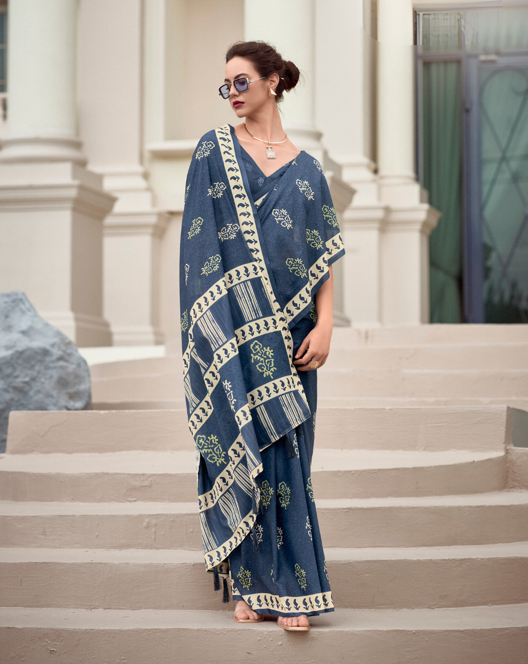 Cobalt blue Mal Mal Cotton  print saree